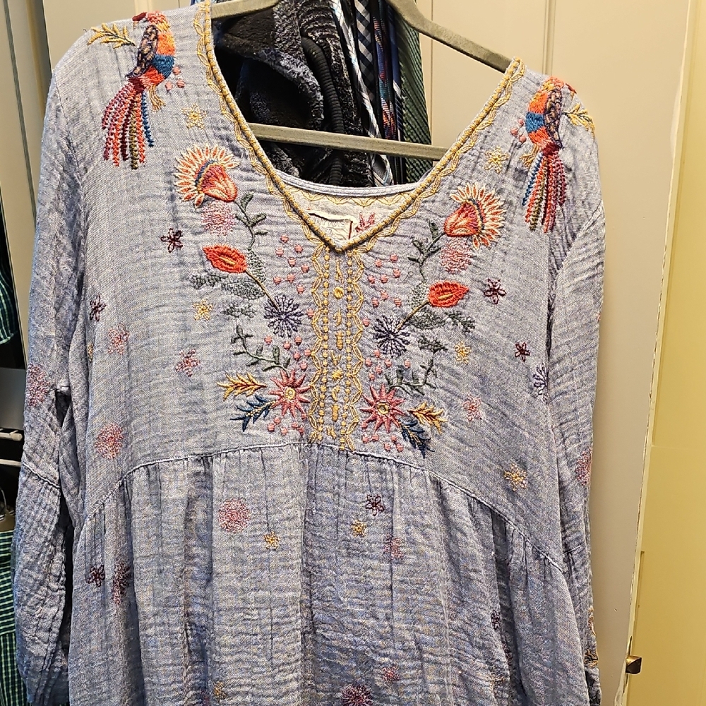 Johnny Was Floral Embroidered Hi-Low Tunic Dress - Light Blue